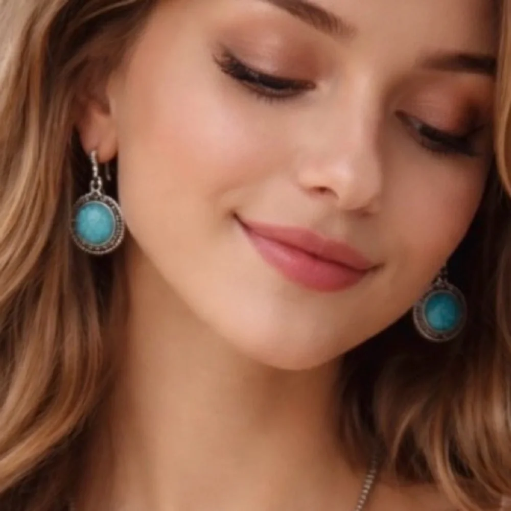 Turquoise & Silver Tone Boho Statement Necklace & Earrings Set Festival Western - Picture 3 of 6